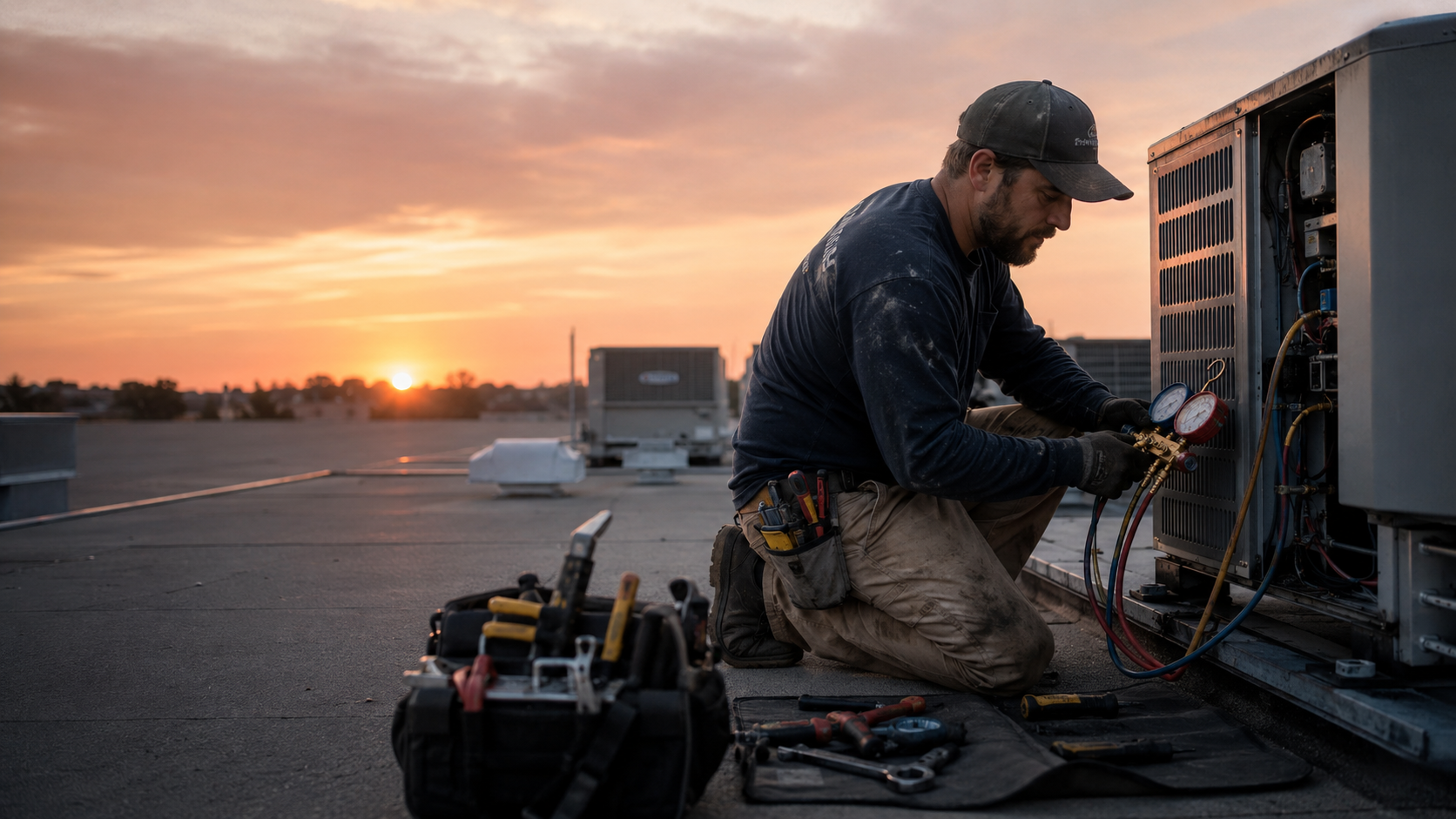 HVAC technician at a rooftop unit